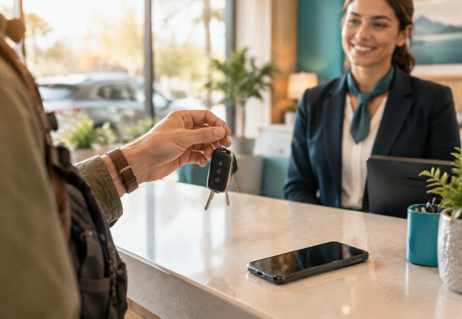 Traveler holding rental car keys at a rental counter