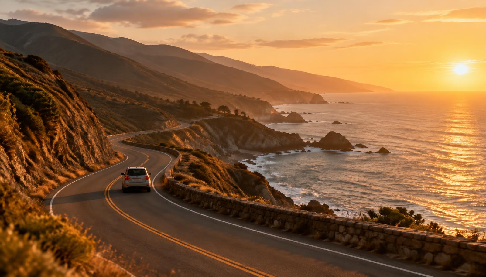 Car on a winding coastal road at sunset